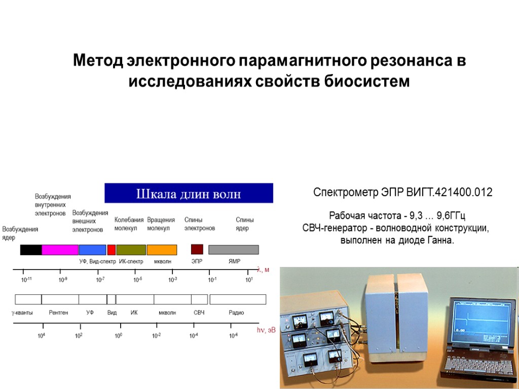 Метод электронного парамагнитного резонанса в исследованиях свойств биосистем Спектрометр ЭПР ВИГТ.421400.012 Рабочая частота -